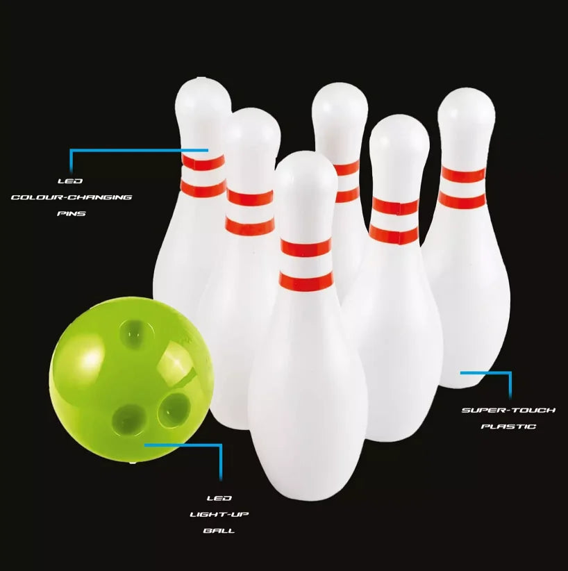 Bowling set with six white pins and green LED ball on black background – Ireland