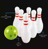 Bowling set with six white pins and green LED ball on black background – Ireland