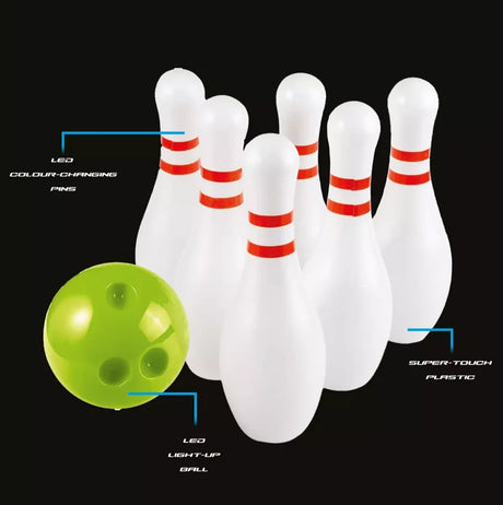 Bowling set with six white pins and green LED ball on black background – Ireland