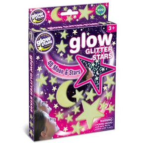 Glow Glitter Stars Sticker Pack box showing glittery moon and 40 glow-in-the-dark star shapes on pink background