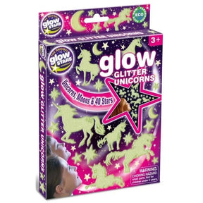 Glow Glitter Unicorns wall sticker set box with glowing unicorns, stars and moons