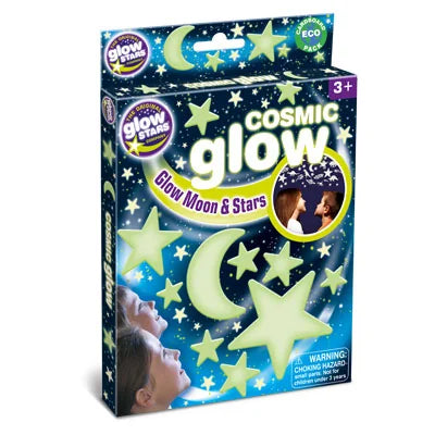 Glow in the Dark Moon and Stars sticker set box with plastic glowing shapes for kids bedrooms