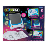 Back of Glowpad Animation box showing the light up tablet, 2 clear screens, black backboard, 6 storyboards, 3 neon marker pens and wipe clean cloth