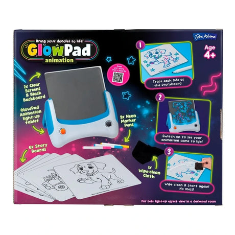 Back of Glowpad Animation box showing the light up tablet, 2 clear screens, black backboard, 6 storyboards, 3 neon marker pens and wipe clean cloth