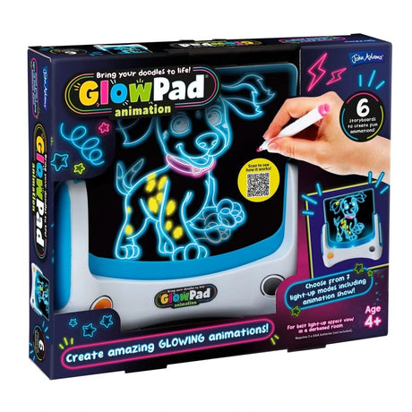 Glowpad Animation box showing the light up drawing pad, glowing dog design and 6 storyboards