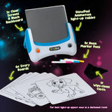 Glowpad Animation contents showing the light up tablet, 2 clear screens, black backboard, 6 storyboards, 3 neon marker pens and wipe clean cloth