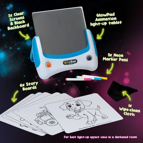 Glowpad Animation contents showing the light up tablet, 2 clear screens, black backboard, 6 storyboards, 3 neon marker pens and wipe clean cloth