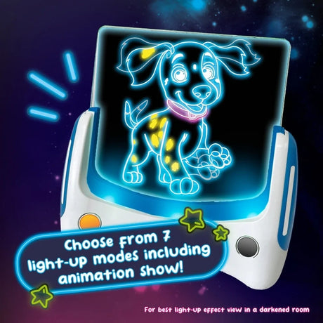 Glowpad Animation displaying a glowing dog drawing with 7 light up modes including an animation show
