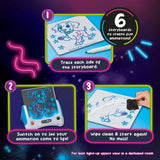 Glowpad Animation guide showing how to trace a storyboard, illuminate the animation and wipe the screen clean