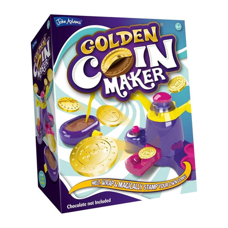 John Adams Golden Coin Maker retail box shown at an angle with the front and left side panels visible, including images of the machine, melting tray and golden coins