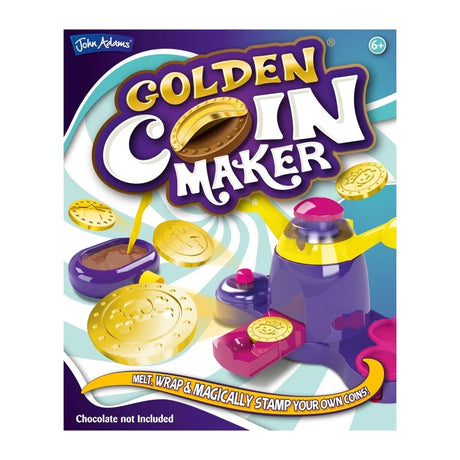 John Adams Golden Coin Maker packaging front showing the purple and yellow coin making machine, chocolate melting tray, golden embossed coins, 6+ age mark and chocolate not included notice