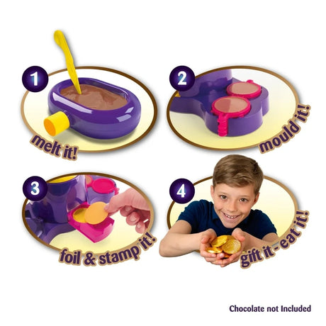 Golden Coin Maker instructions graphic showing four stages: melting chocolate, moulding coins, wrapping and stamping them in foil, then gifting or eating the finished coins