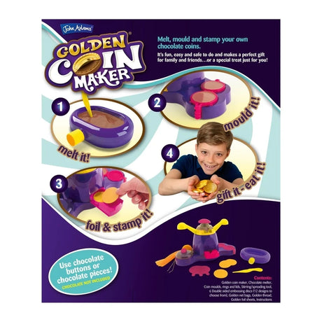 Golden Coin Maker product guide showing the melt, mould, foil and stamp process, finished golden coins, the machine and accessories, chocolate not included notice and contents list