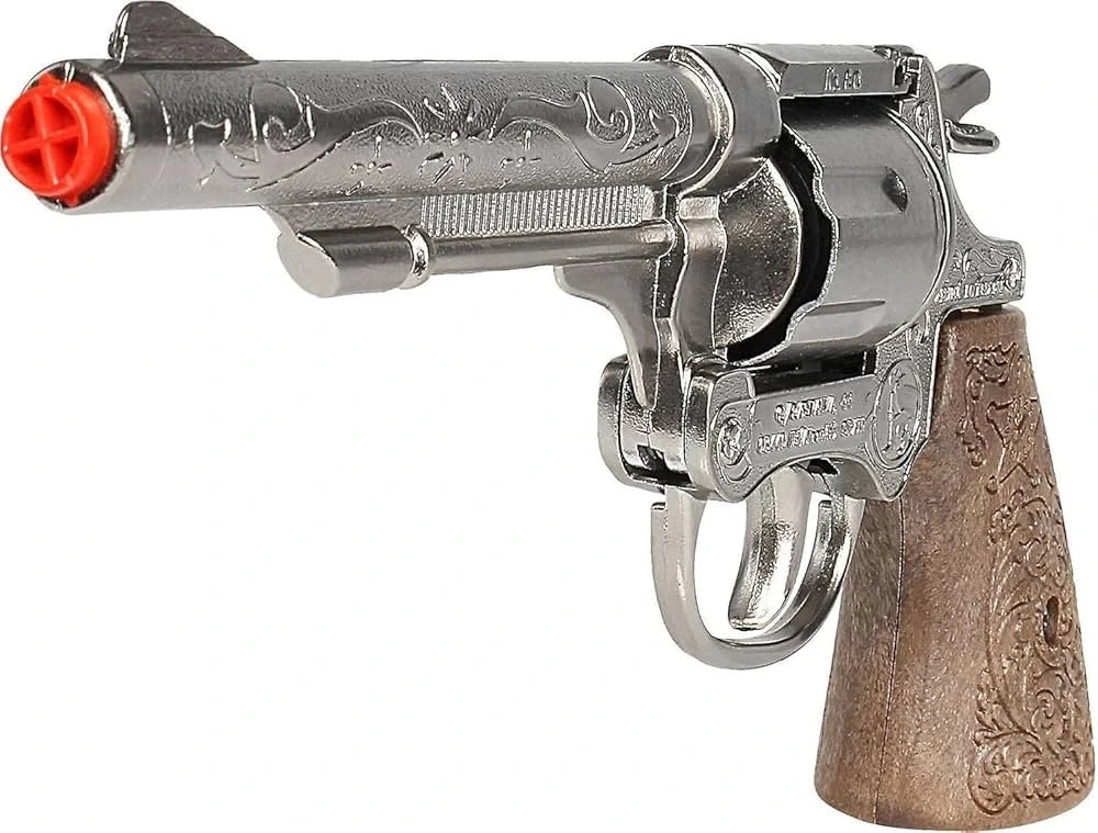 Gonher Cowboy 8 Shot Revolver with silver barrel and brown patterned grip