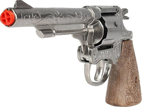 Gonher Cowboy 8 Shot Revolver with silver barrel and brown patterned grip