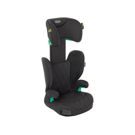 Graco Affix i Size R129 Isofix high back booster car seat in Midnight with the headrest extended, highlighting the adjustable height design and supportive side protection