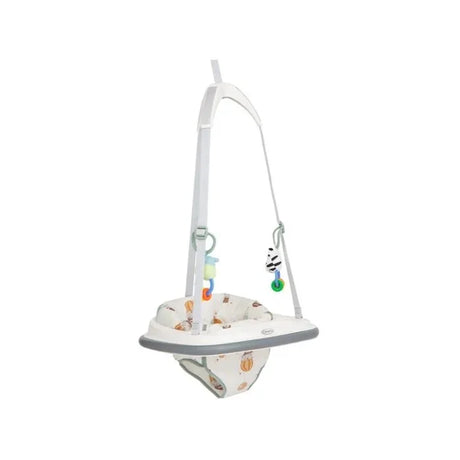 Graco Bumper Jumper Up and Away doorway bouncer in white with animal print seat, grey bumper tray and hanging sensory toys on white background