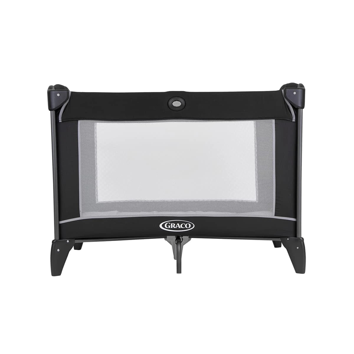 Graco Compact Travel Cot black and grey front view with mesh side panel and Graco logo