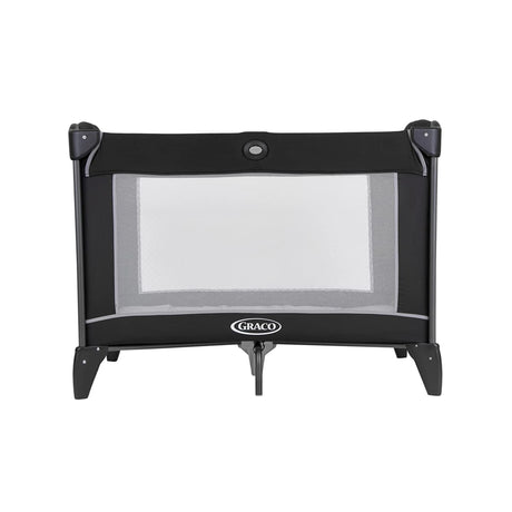 Graco Compact Travel Cot black and grey front view with mesh side panel and Graco logo