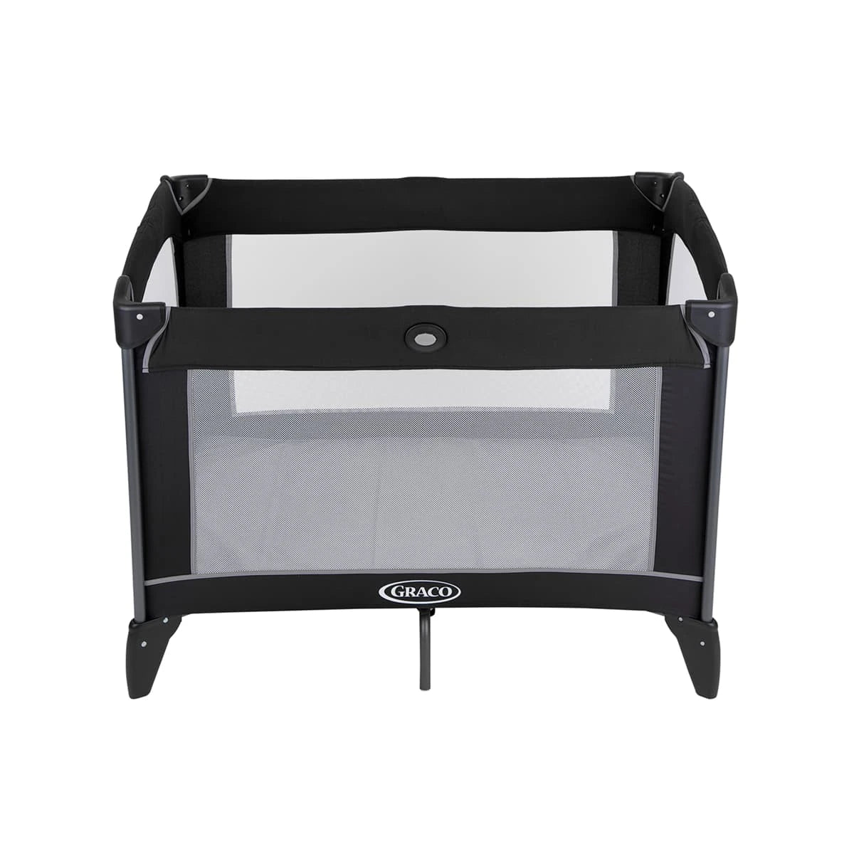 Graco Compact Travel Cot black and grey open top view with mesh sides and mattress visible