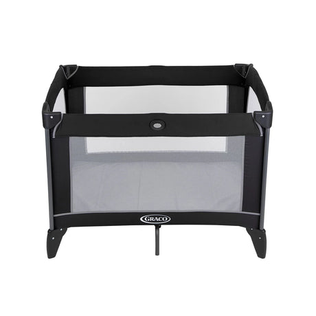 Graco Compact Travel Cot black and grey open top view with mesh sides and mattress visible