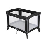 Graco Compact Travel Cot black and grey three quarter view with mesh sides and mattress