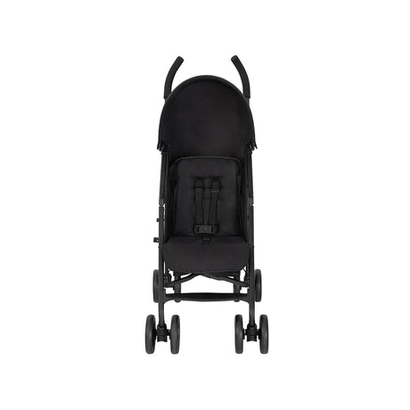 Graco EZLite Midnight black stroller front view with canopy, harness and double wheels