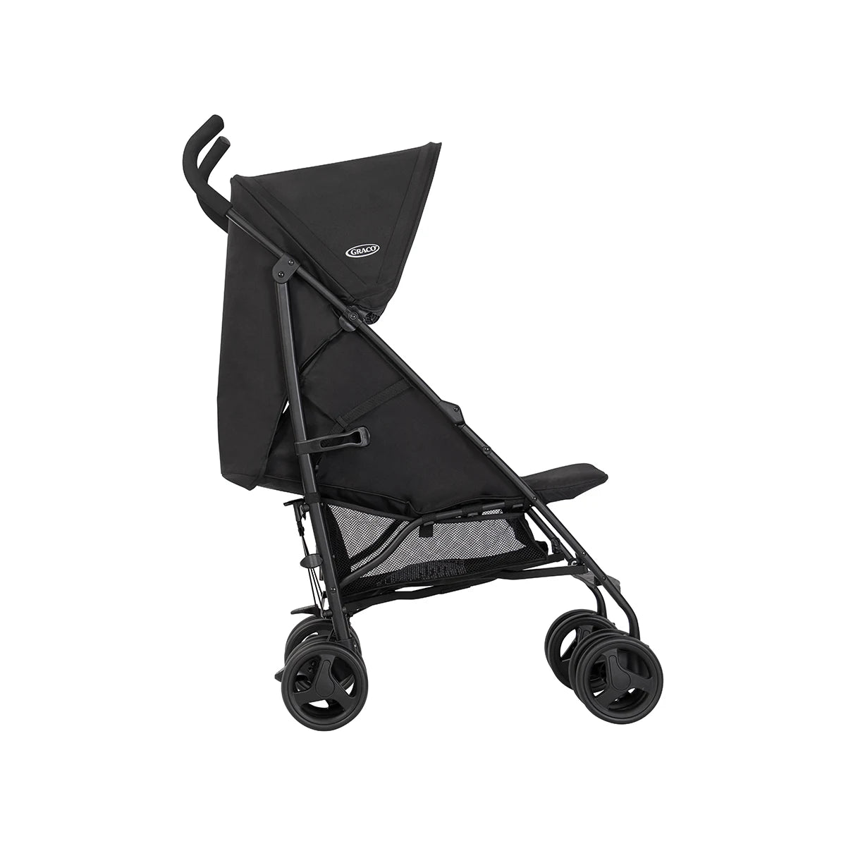 Graco EZLite Midnight black stroller side view with reclined seat and canopy