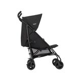 Graco EZLite Midnight black stroller side view with reclined seat and canopy