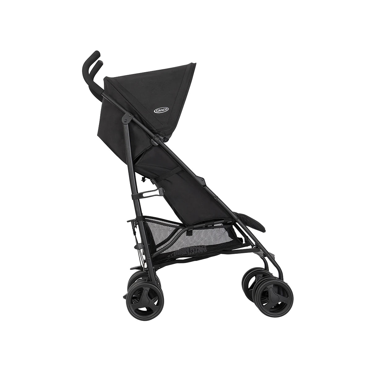 Graco EZLite Midnight black stroller side view with canopy, footrest and double wheels