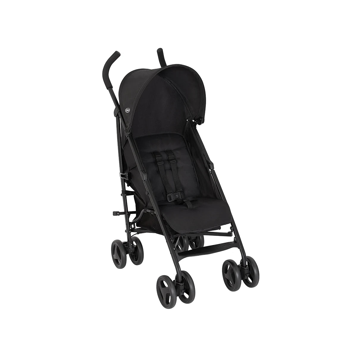 Graco EZLite Midnight black stroller three-quarter front view with canopy and harness
