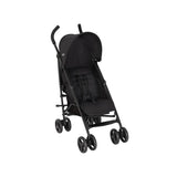 Graco EZLite Midnight black stroller three-quarter front view with canopy and harness