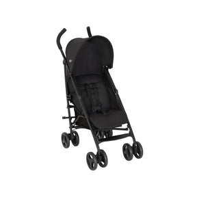 Graco EZLite Midnight black stroller three-quarter front view with canopy and harness