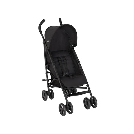 Graco EZLite Midnight black stroller three-quarter front view with canopy and harness