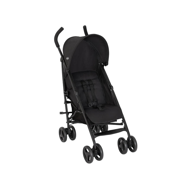 Graco EZLite Midnight black stroller three-quarter front view with canopy and harness