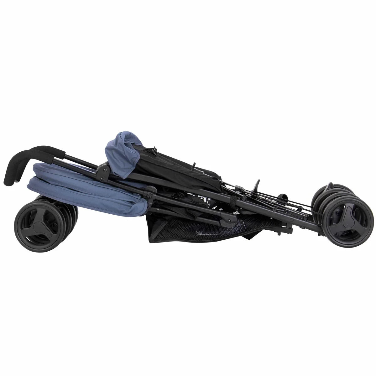 Graco EZLite Stormy grey and black stroller folded flat in side view