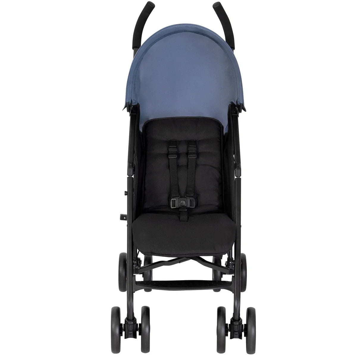 Graco EZLite Stormy grey and black stroller three quarter front view with canopy and harness