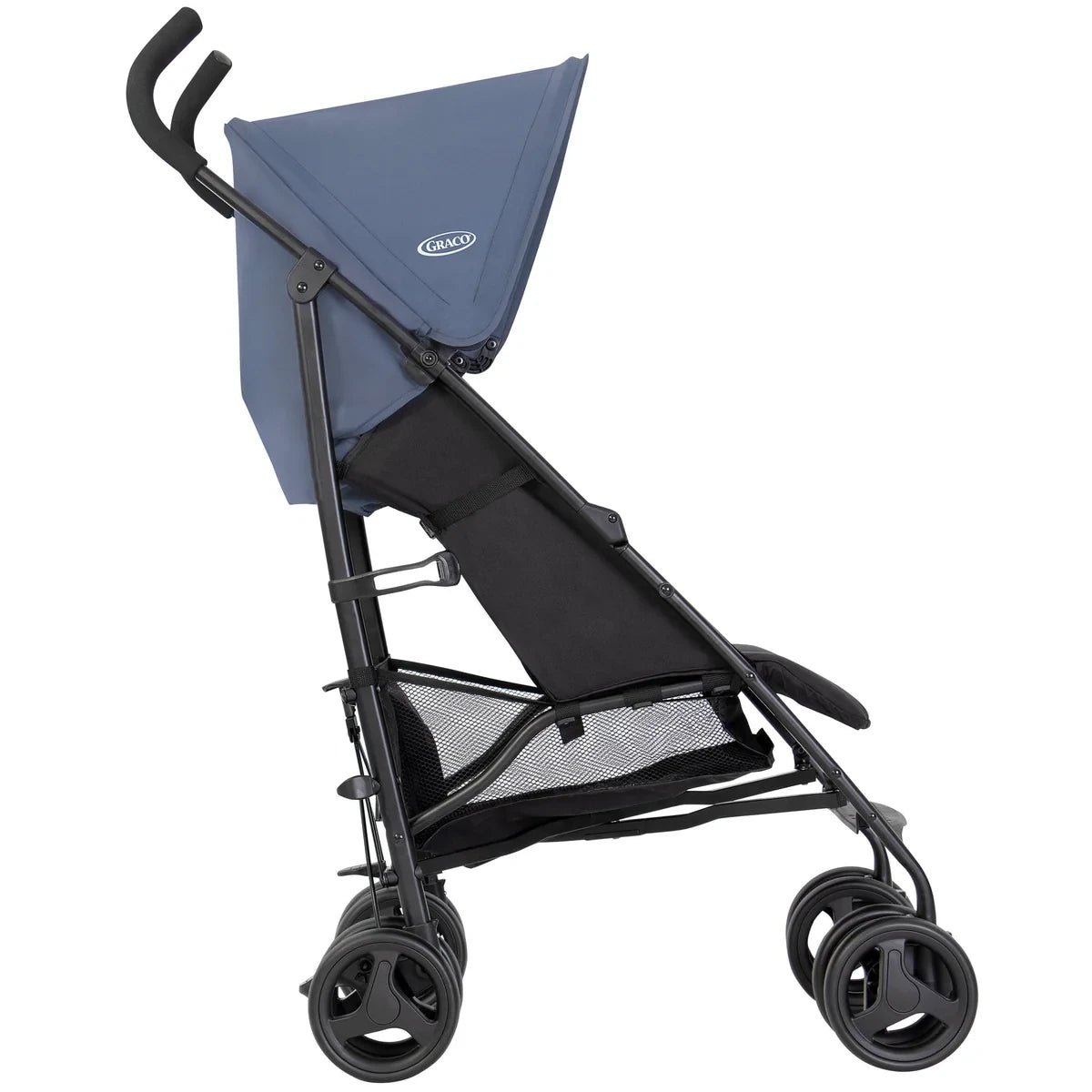 Graco EZLite Stormy grey and black stroller side view with canopy and double wheels