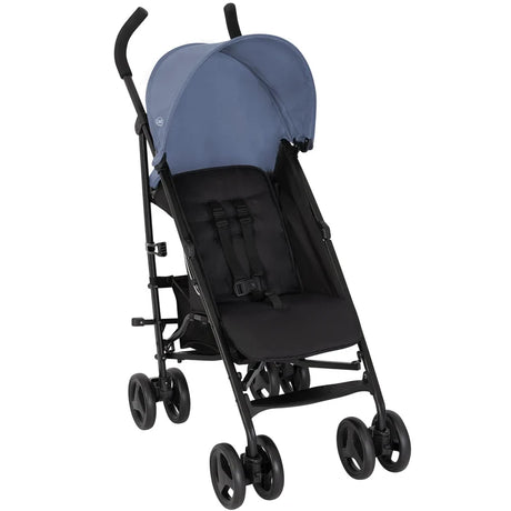 Graco EZLite Stormy grey and black stroller three quarter front view with canopy and harness
