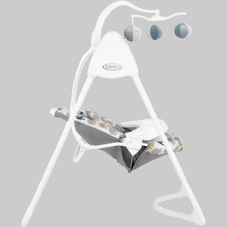 Graco Lovin Hug Swing Parade shown from the front with white frame and patterned seat