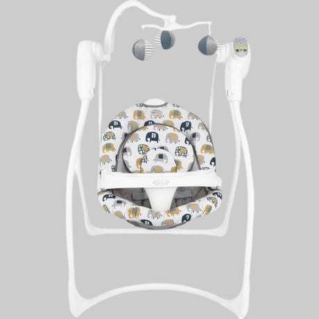 Graco Lovin Hug Swing Parade shown from the front with white frame and patterned seat
