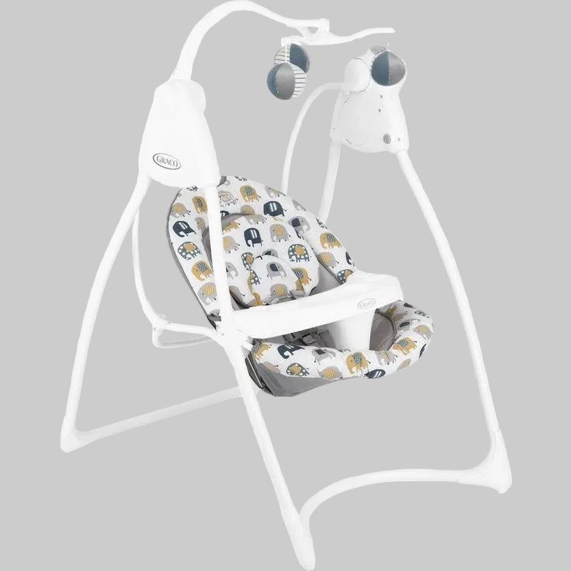 Graco Lovin Hug Swing Parade shown at an angle with white frame and patterned seat 