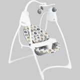 Graco Lovin Hug Swing Parade shown at an angle with white frame and patterned seat 