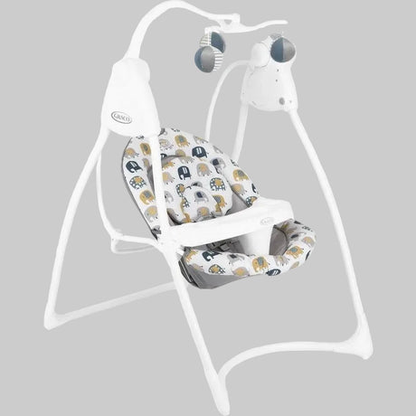 Graco Lovin Hug Swing Parade shown at an angle with white frame and patterned seat 