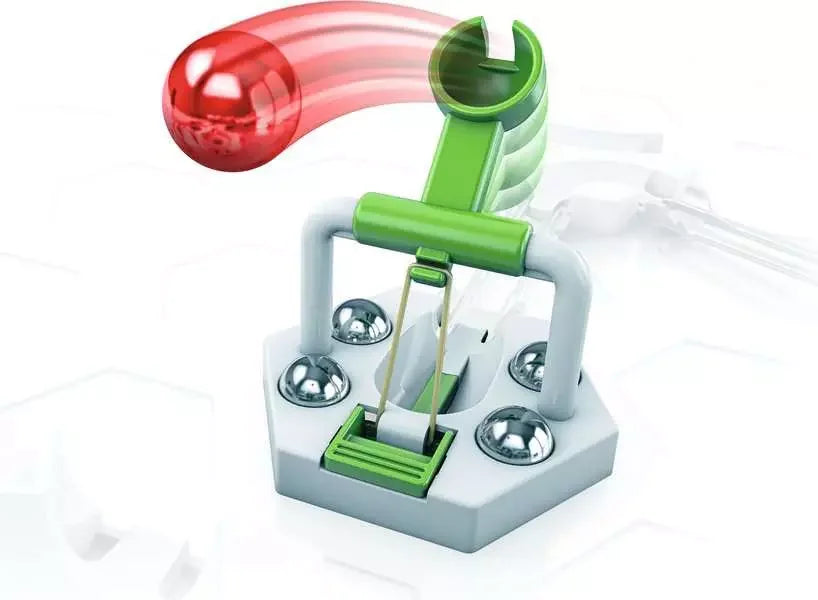 Close-up of GraviTrax Catapult in mid-launch with red marble – Ireland
