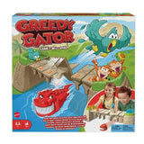 Front of the Greedy Gator board game box showing cartoon gator, monkeys, parrots, and children playing on a bridge