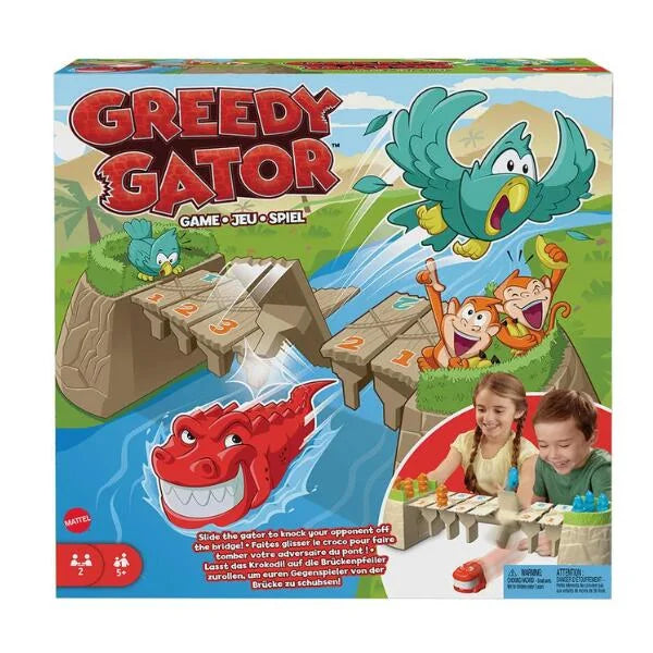 Front of the Greedy Gator board game box showing cartoon gator, monkeys, parrots, and children playing on a bridge