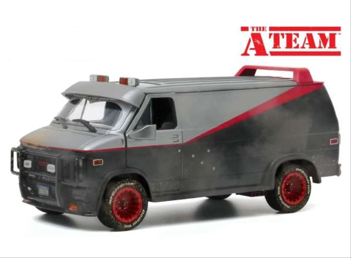 GreenLight The A-Team 1983 GMC Vandura Weathered front three-quarter view showing bullet hole marks, red stripe and red wheels
