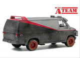 GreenLight The A-Team 1983 GMC Vandura Weathered rear three-quarter view showing weathering, bullet hole marks and red wheels