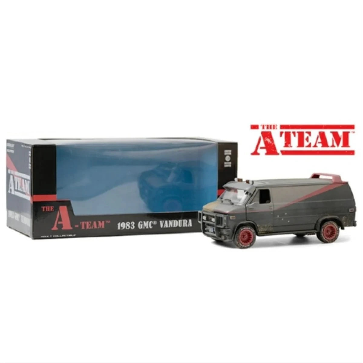GreenLight The A-Team 1983 GMC Vandura Weathered displayed beside its 1:24 scale retail box
